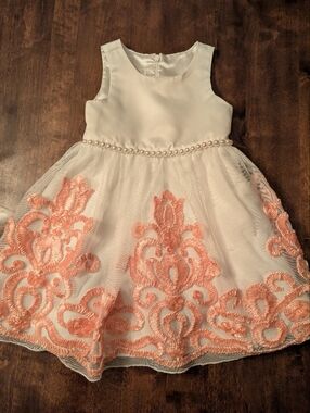 American Princess White Dress with Peach Lace and Pearl Trim/ Toddler Girl 3T